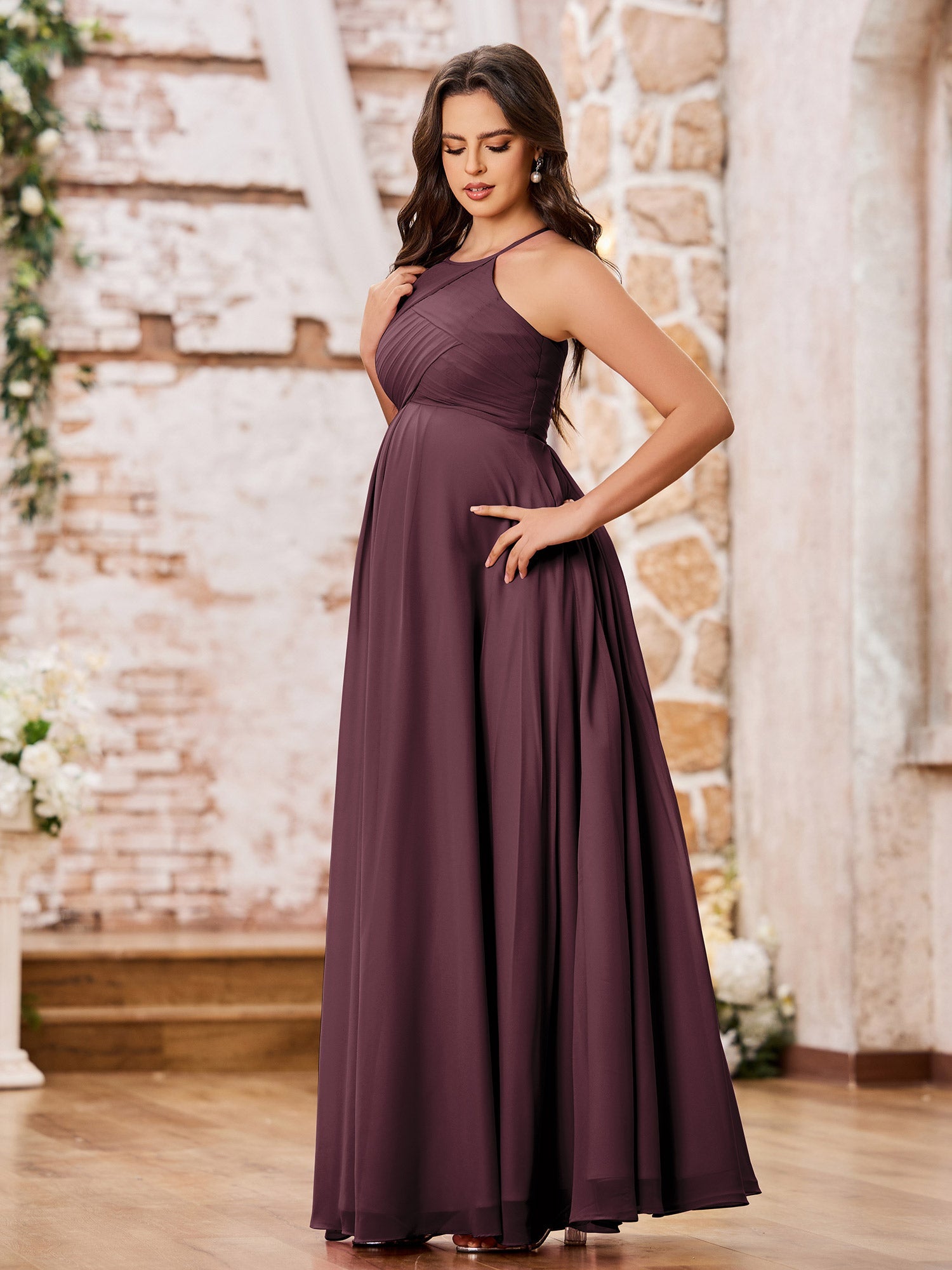 Stunning A-line Halter Empire Floor Length Chiffon Bridesmaid Gowns Cabernet